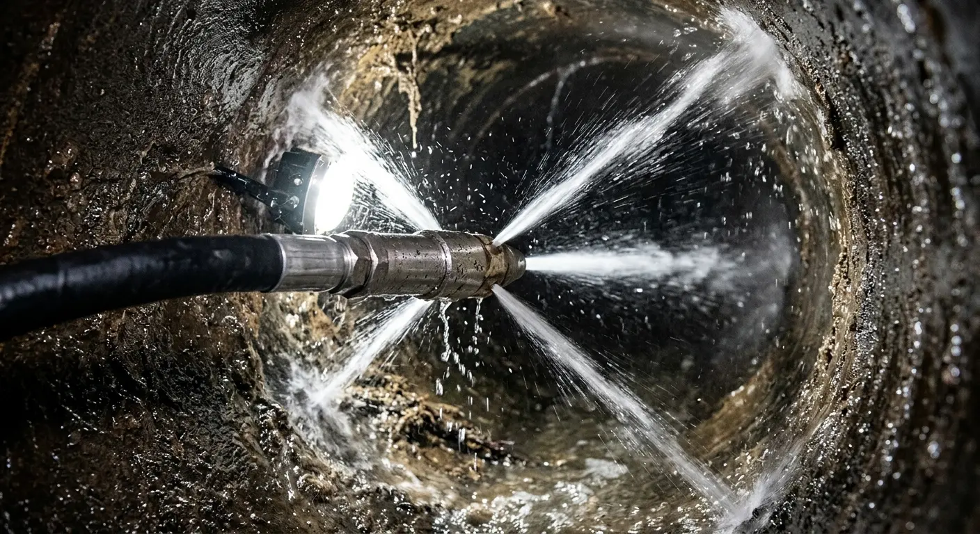High-pressure hydro jetting nozzle cleaning sewer pipe for Storm Drain Cleaning in Ellwood City