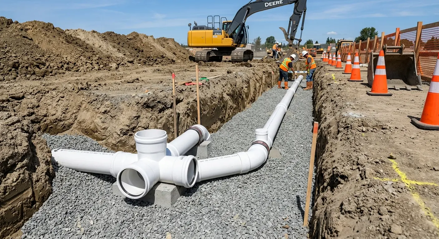 New PVC sewer pipe installation in open trench for Sewer Backup in Ellwood City