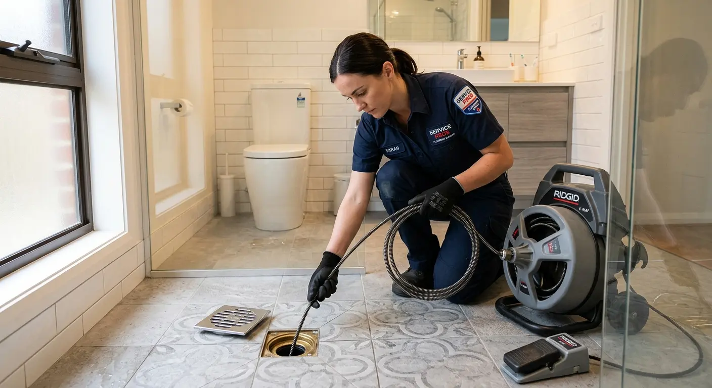 Technician clearing a bathroom floor drain for Drain Cleaning in Ellwood City